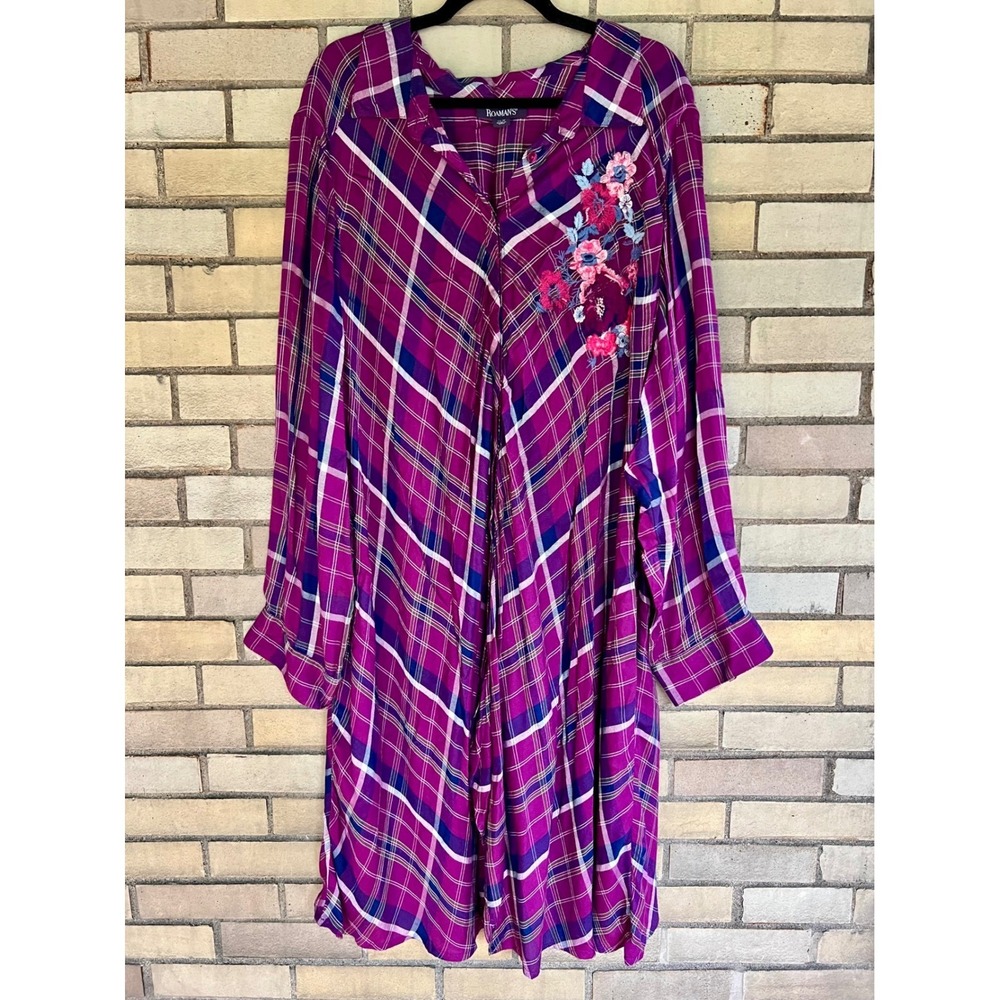 Roaman's Purple Plaid Floral Embroidered High Low Tunic Shirt Size 32W
